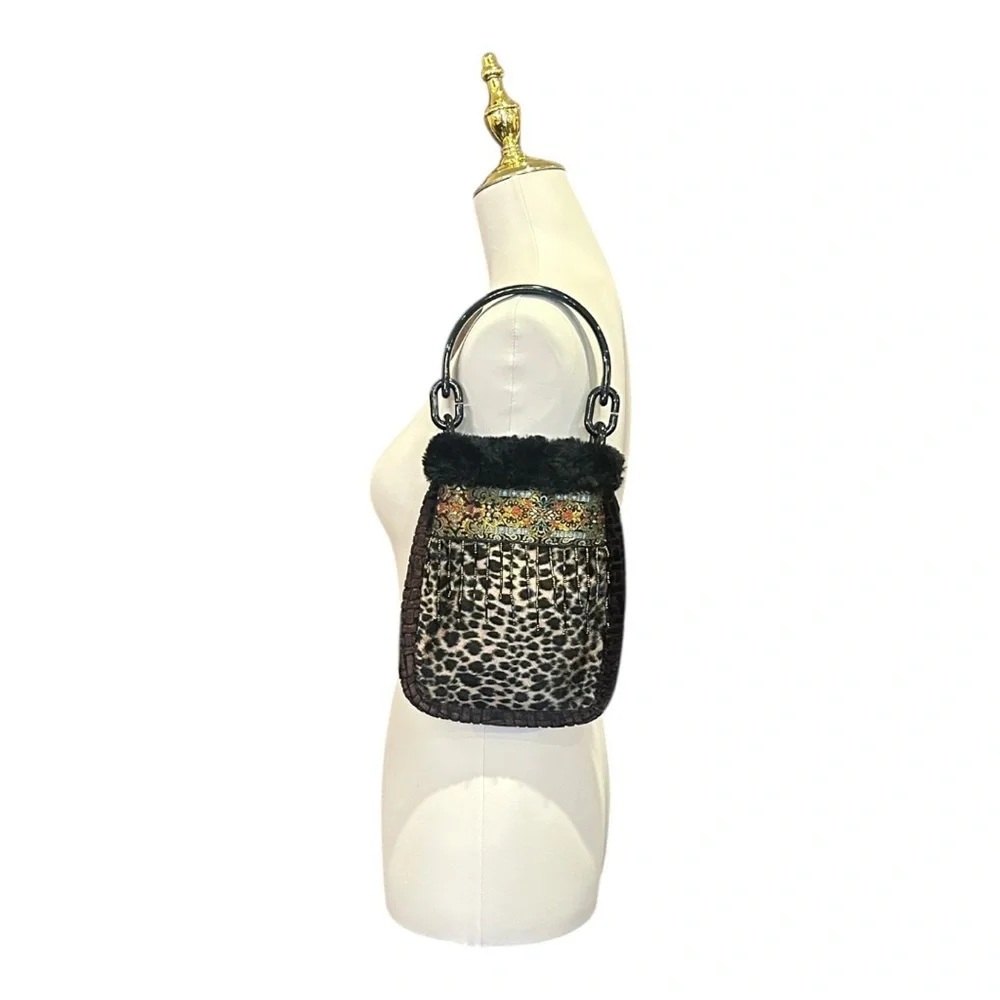 Animal Print Boho Style Faux Fur Embroidered Band Beaded Detail Wrist Bag